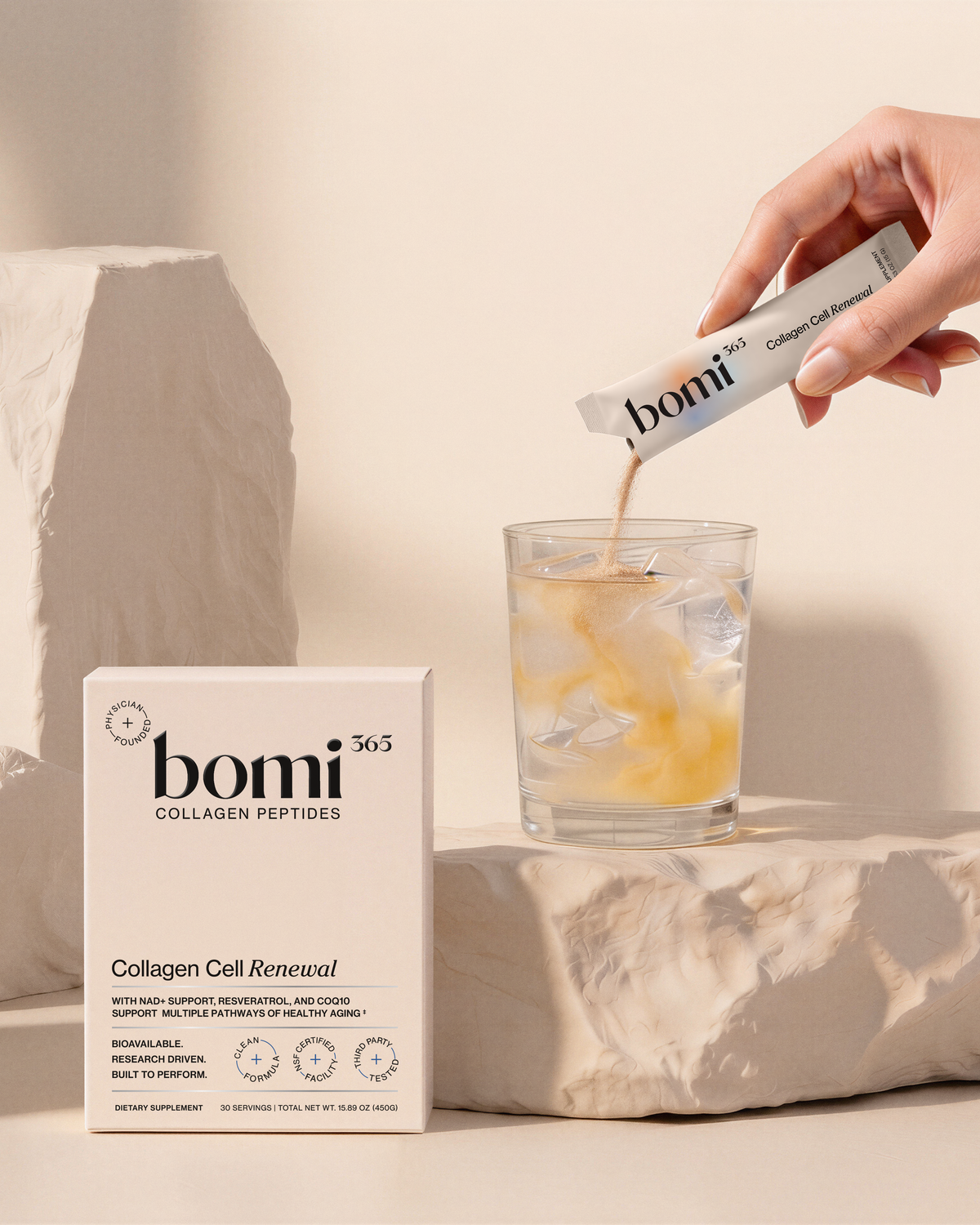 Bomi 365 Collagen Cell Renewal product box and collagen packets.